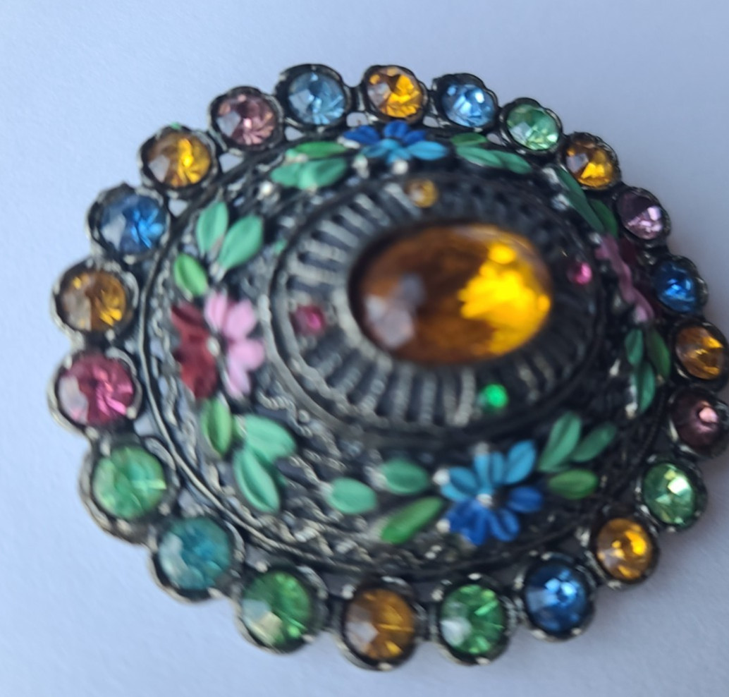 Vintage Signed L/N Little Nemo Large Blue Rhinestone Green Painted Enamel Brooch