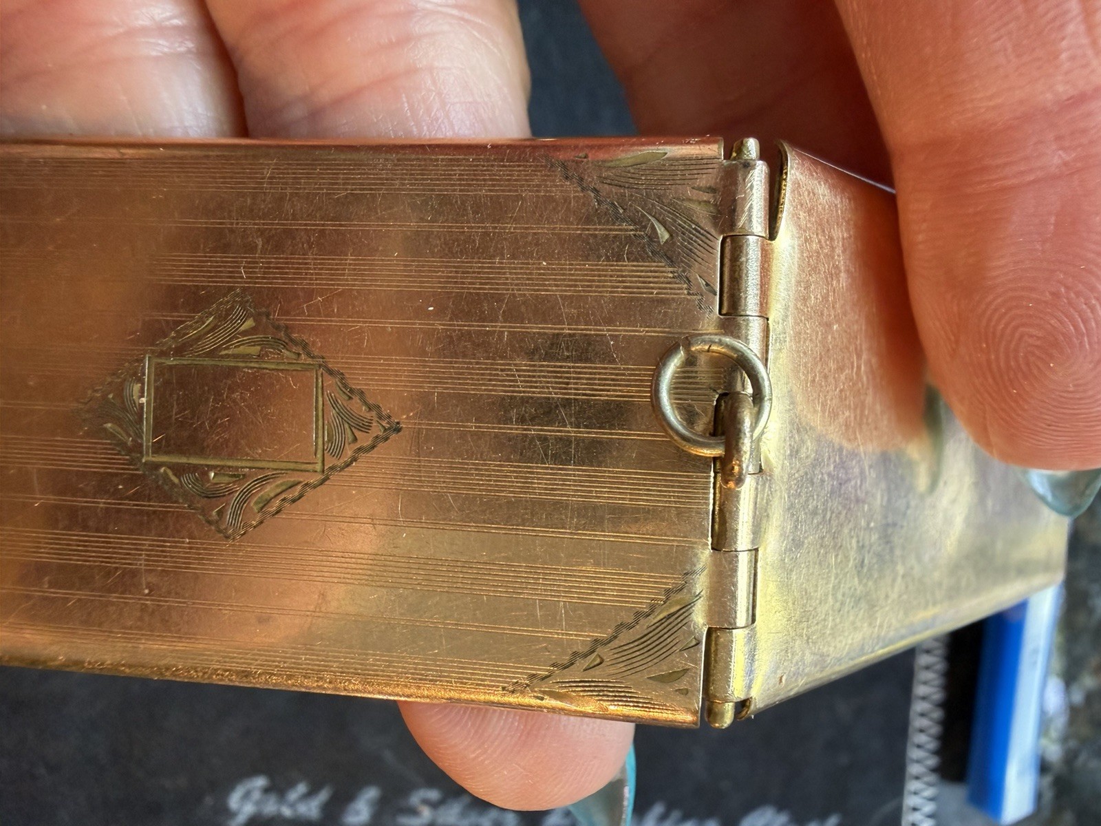 Antique Art Deco Gold Filled Triple Photo Locket Pendant Engraved Keepsake