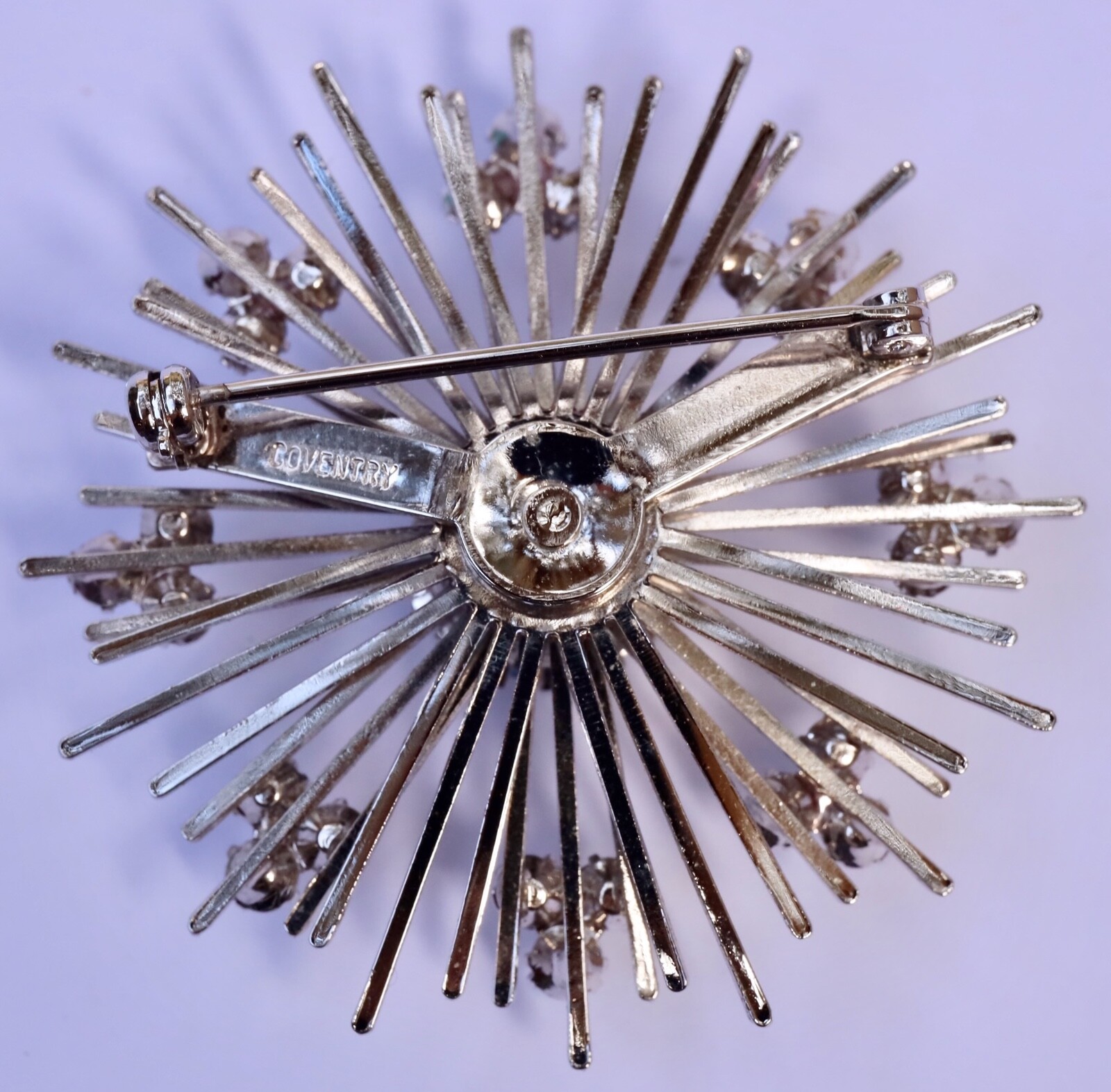 Sarah Coventry Signed “Coventry” Silver Tone Starburst Brooch Blue Rhinestones