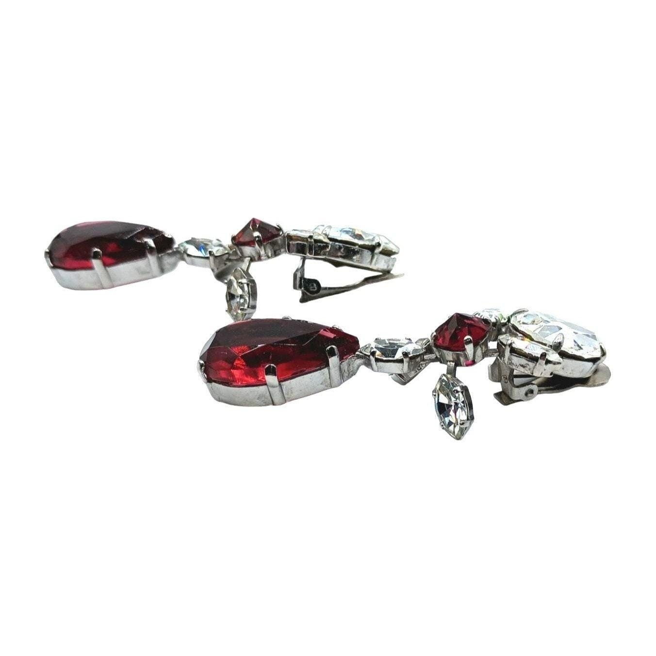 Schreiner Vintage Rhinestone Clip On Dangle Earrings Women Red Silver Tone