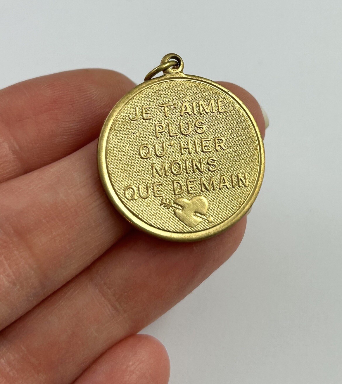 Vintage French Love Charm Necklace Pendant Brass Jewelry – Tarnished As Is