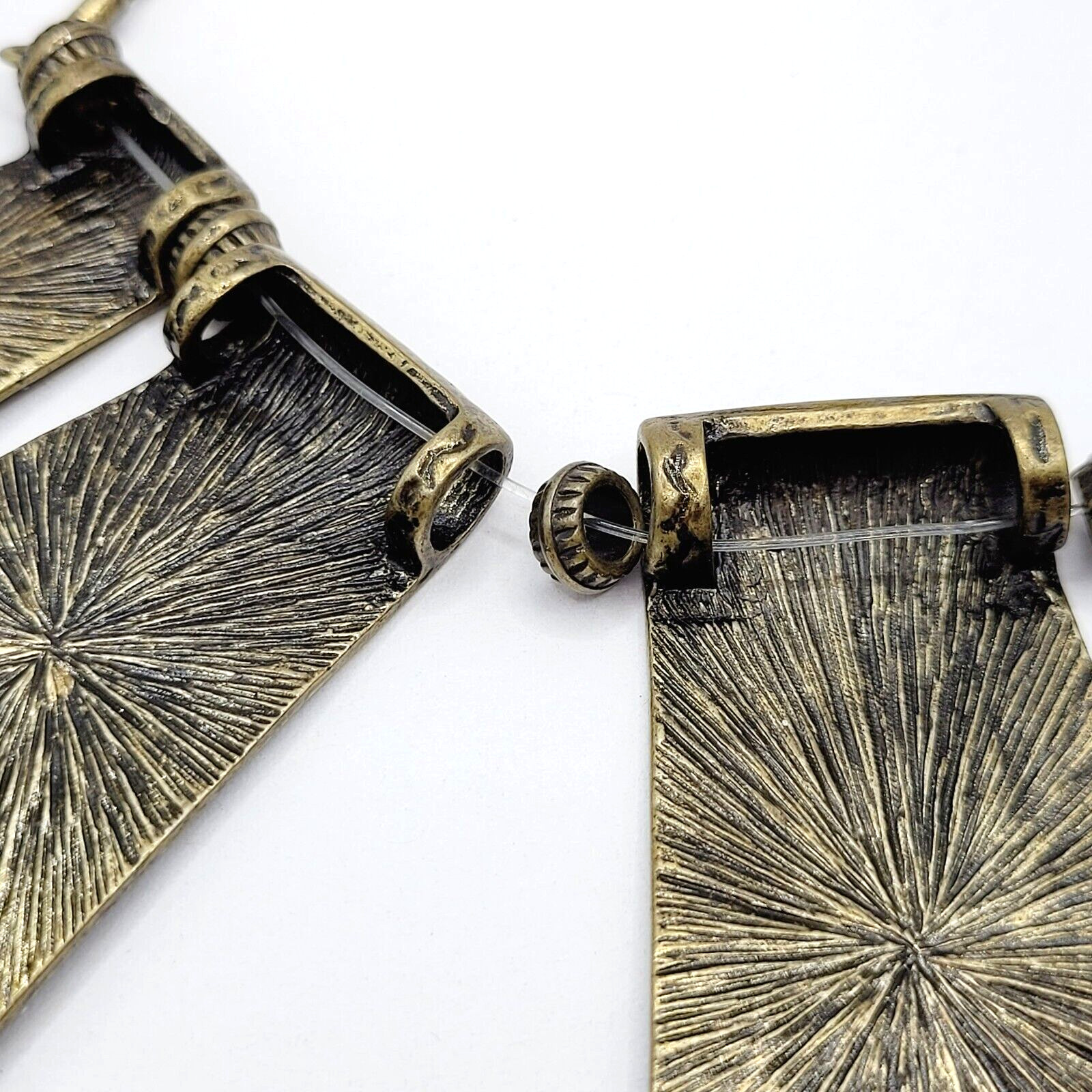 Exotic Hammered Style 5 Metal Plate Bib Necklace Brutalist Cleopatra Look 21 In