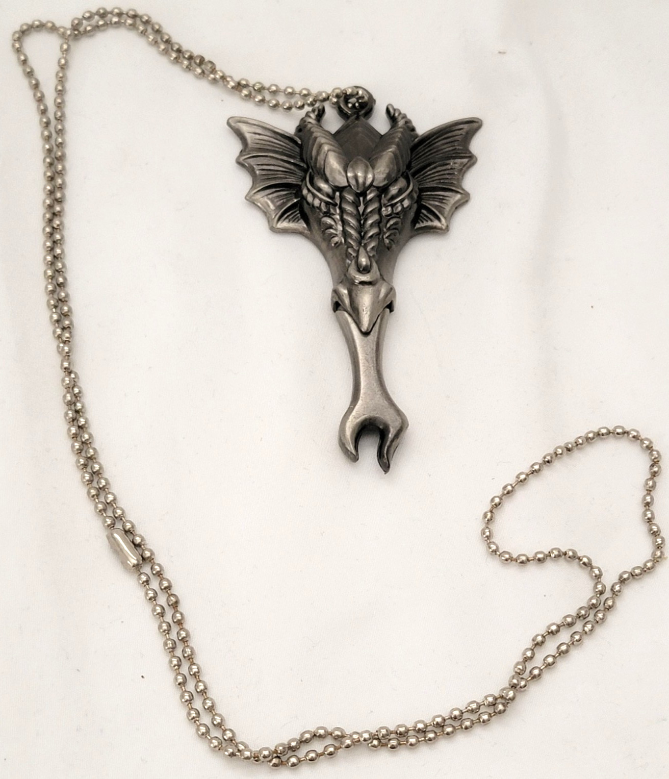 Vintage Lg Dragon Head Pewter?? Pendant Silver Tone Dog Tag Chain Necklace 30″ L