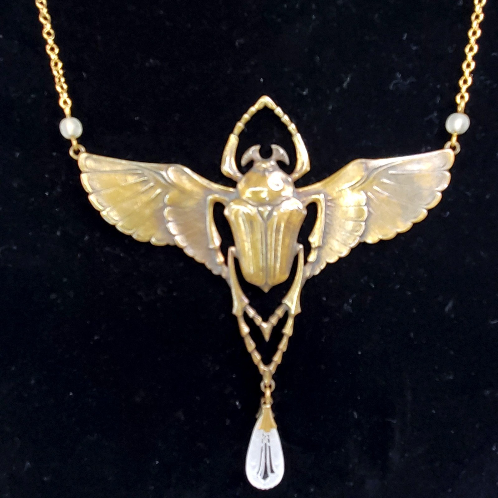 Vintage Brass Scarab Beetle Pendant Necklace Egyptian Revival jewelry 21″