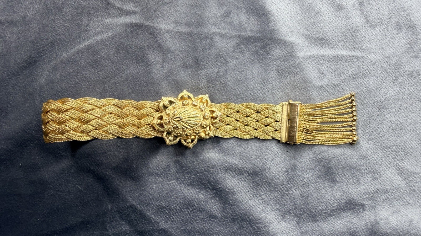 Victorian Antique Gold Filled Woven Mesh Slide Bracelet Tassel Fringe C.1900