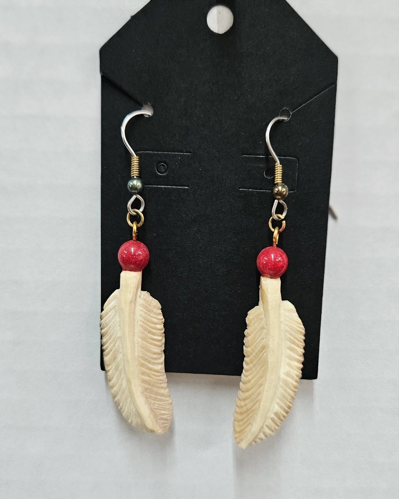 Vintage Carved Buffalo Bone Feathered Dangle Earrings