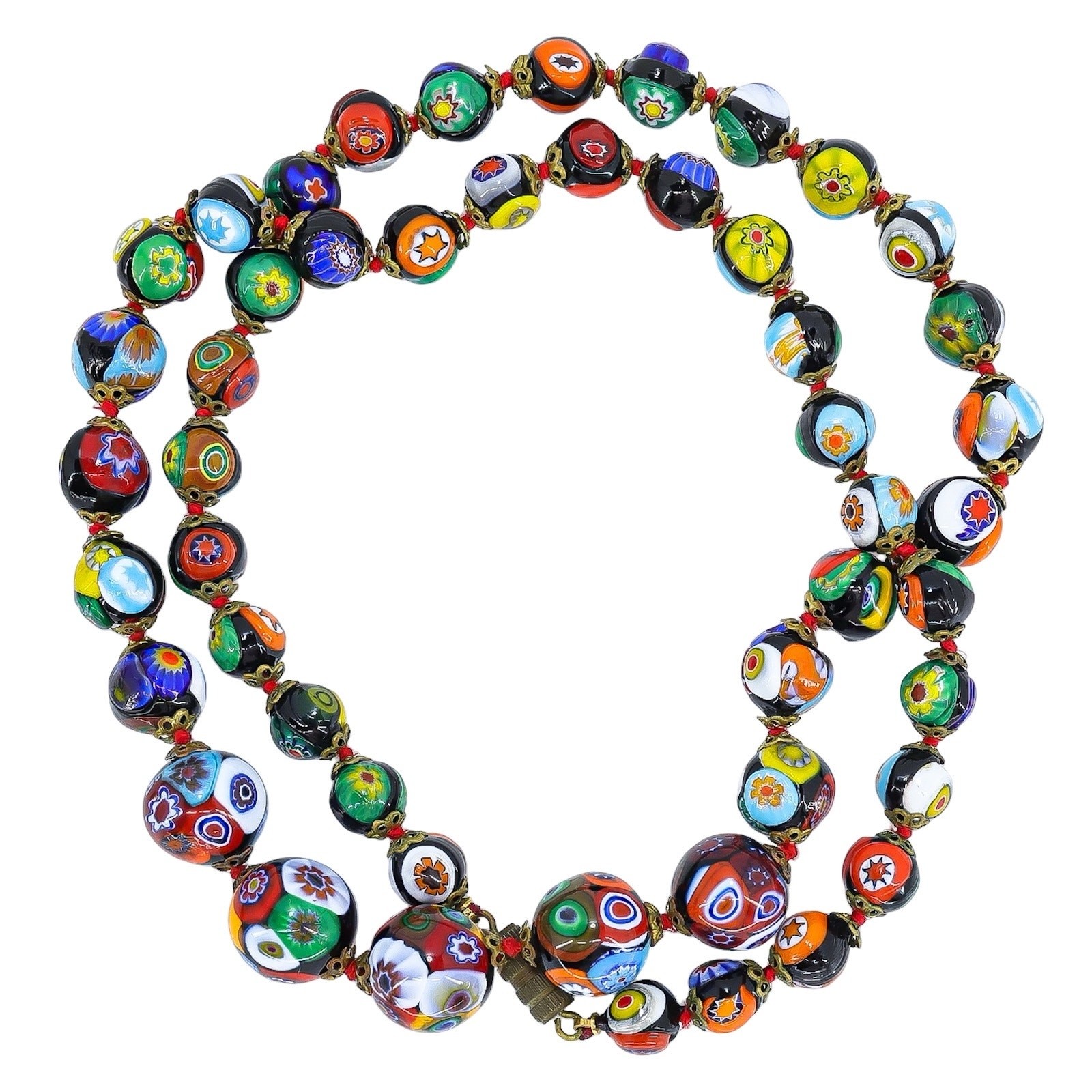 Vintage Venetian Millefiori Graduated Floral Bead Necklace 25in 8mm to 14mm