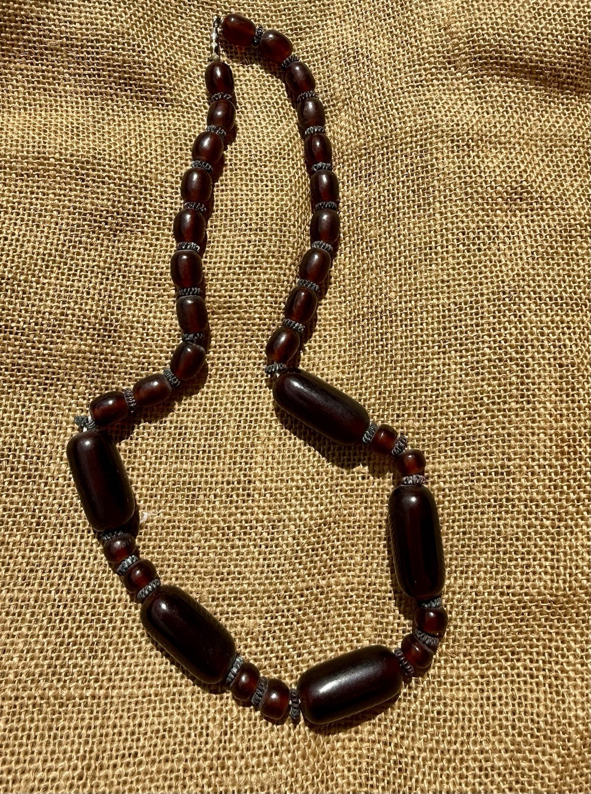 Vintage Cherry Amber Color Phenolic Resin Barrel Bead Necklace 20” 53g