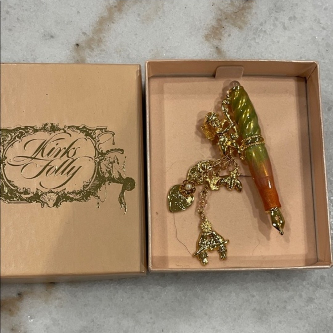 Kirks Folly Pen Fairy Cherub Pin Brooch Gold Tone Dangle Charms Enamel