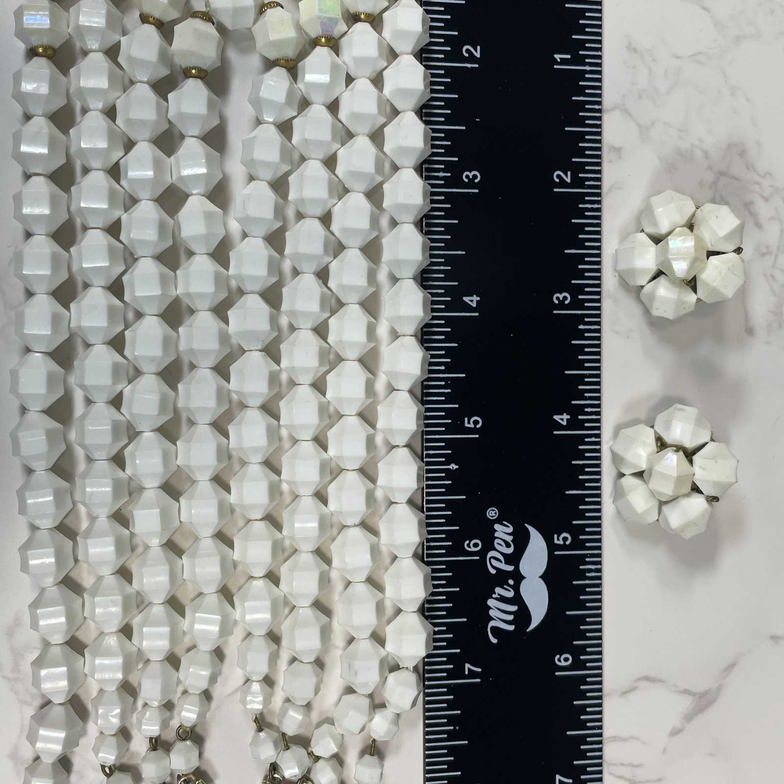 West Germany Lucite White Aurora Borealis Beads Necklace & Clip on Earrings