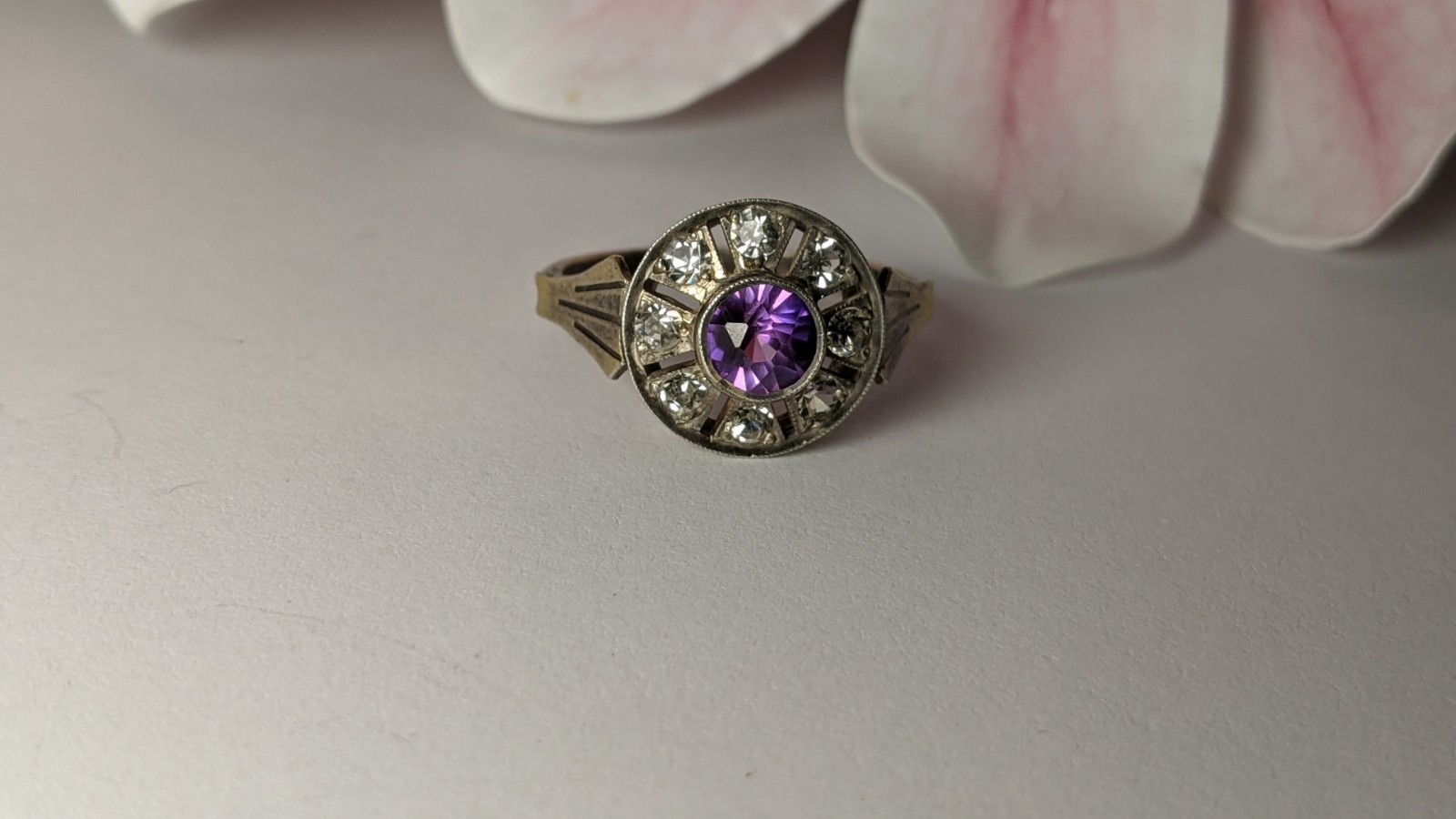 Vintage Soviet silver ring, 875 silver, purple stone with zircons, size 8.5