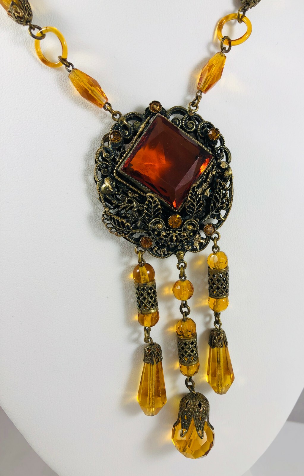 Antique Czechoslovakia Max Neiger Amber Brown Long Dangle Necklace Glass Links