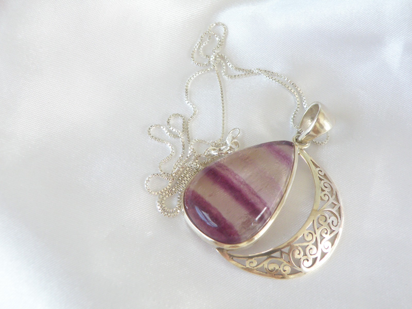 Large Sterling Silver 925 Fluorite Crescent Moon Pendant Necklace