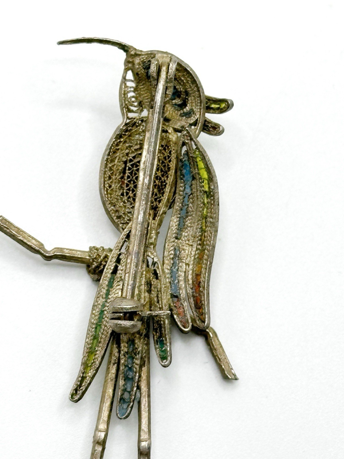Enameled 800 Silver Filigree Bird Parrot Pin Brooch