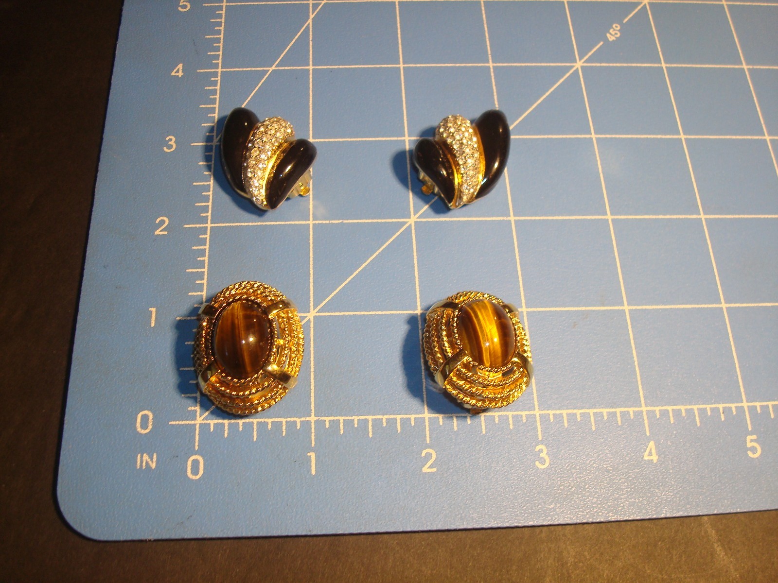 Vtg.St.JOHN LOT (2) EARRINGS OVAL TIGER’s EYE GOLD/T, BLACK ENAMEL RHINESTONES
