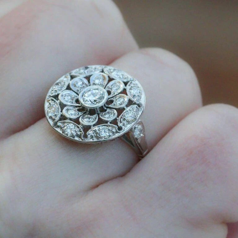 Art Deco Style Floral Round Lab Created Diamond 14K White Gold FN Wedding Ring