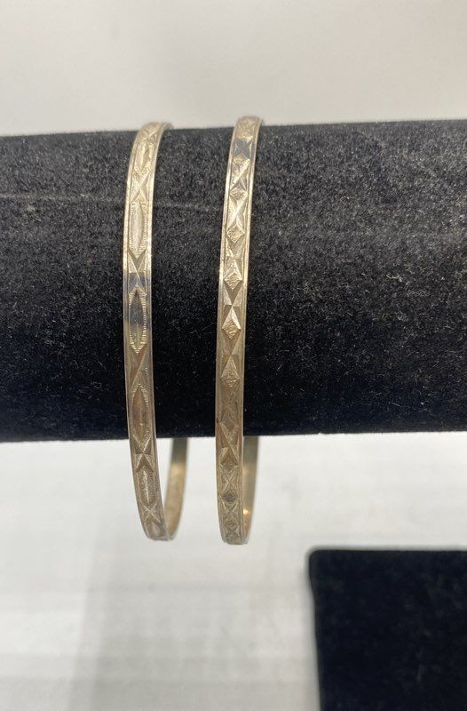 Sterling Silver 925 Diamond Cut Bangle Bracelets Set of 2 8.5″ 14.3g