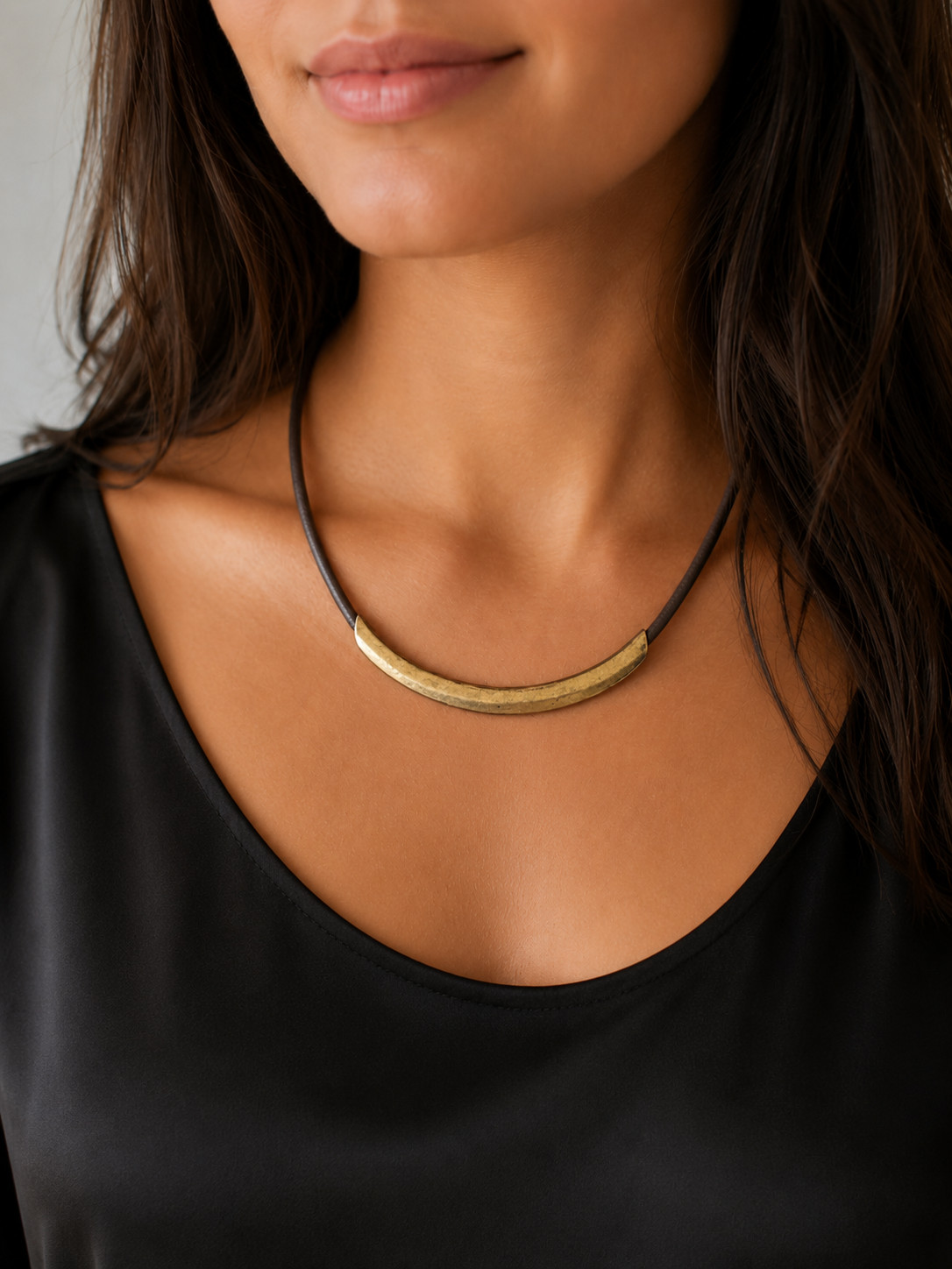 Vintage, Brass & Genuine Leather Collar Necklace, 17”(L) + 2” Extension