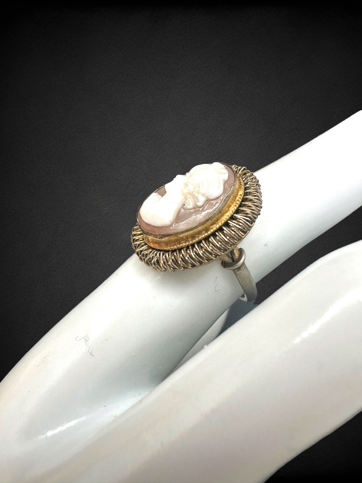 Vintage Italian Cameo 800 Silver Jewelry Set in Box Ring Necklace Earrings