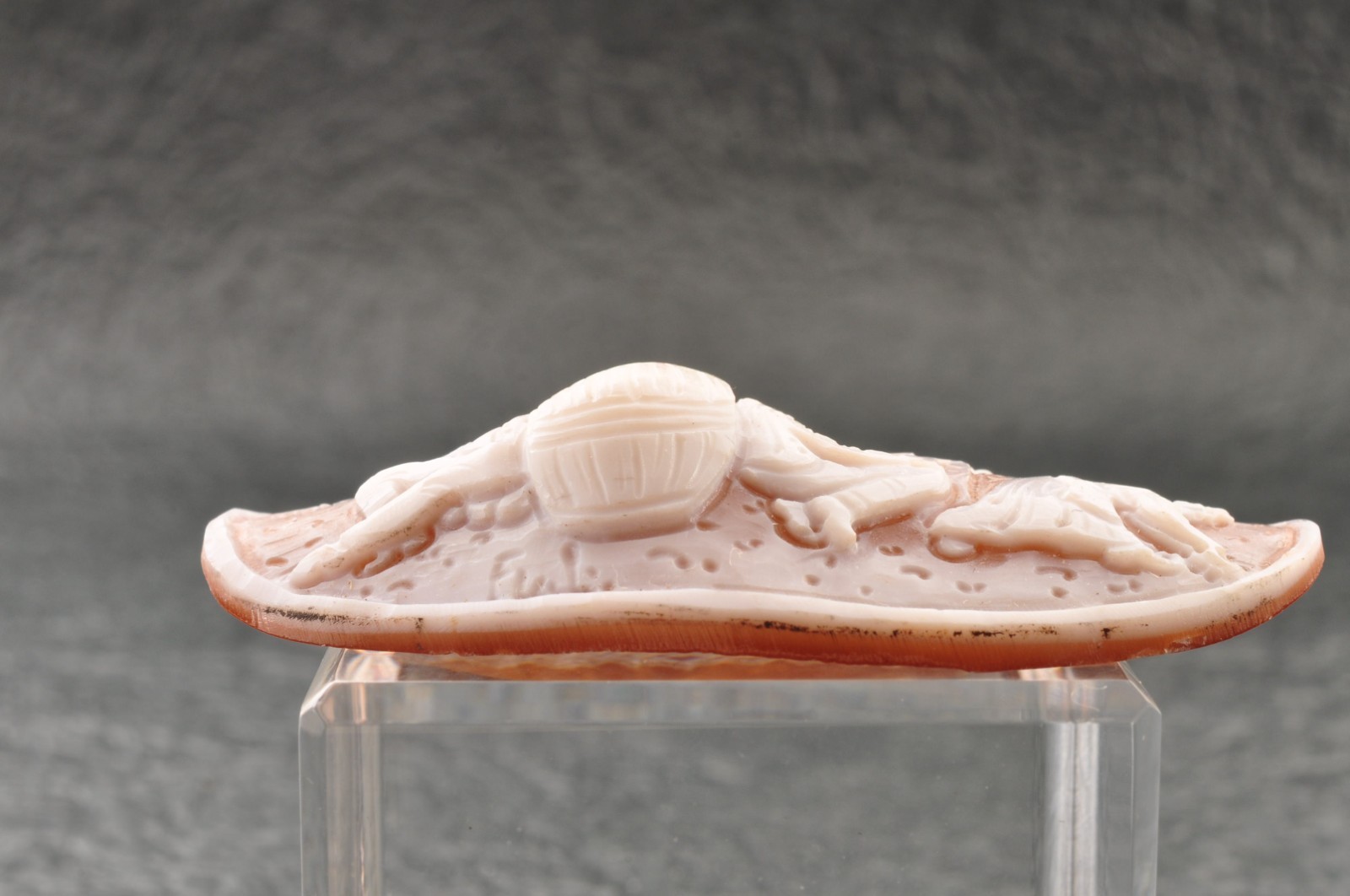 Vintage oval shell cameo carved “gleaning” (35.0ct) sign by artist with package
