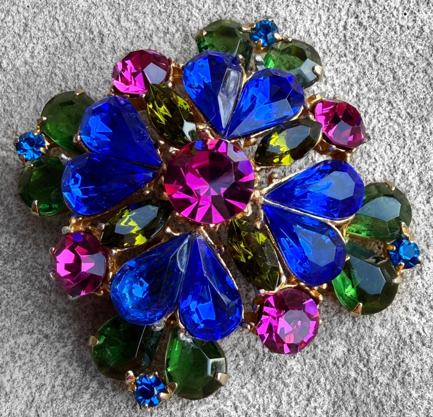 Vibrant Vintage Signed Edlee Rhinestone Maltese Cross Brooch Blue Pink Green