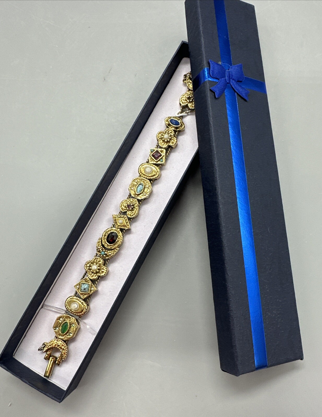 Vintage Signed Goldette NY Multiple Gemstones Safety Chain Slide Charm Bracelet