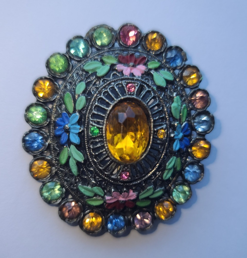Vintage Signed L/N Little Nemo Large Blue Rhinestone Green Painted Enamel Brooch
