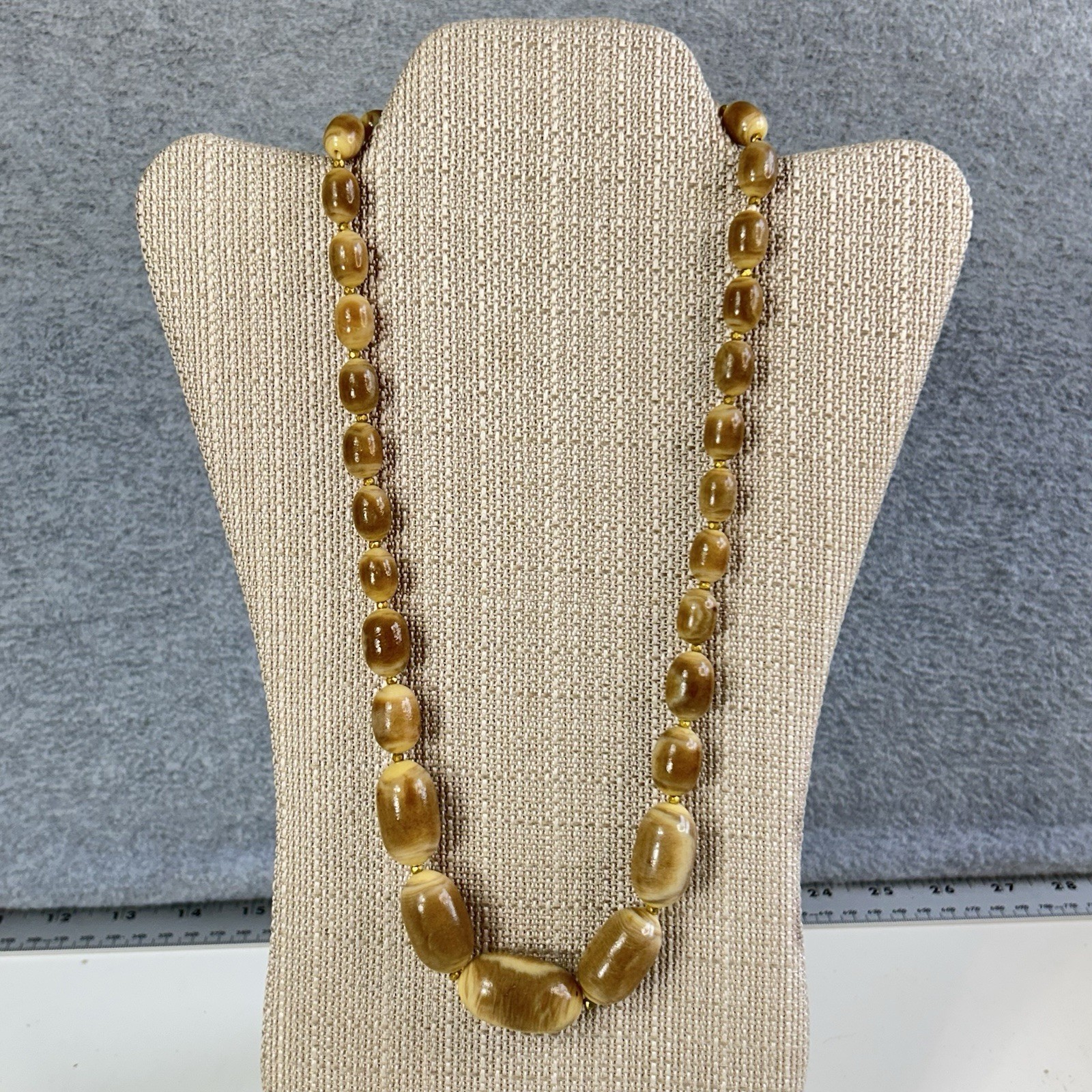Vintage Chunky Necklace Golden Brown 25″ Statement Graduated Oval Beaded