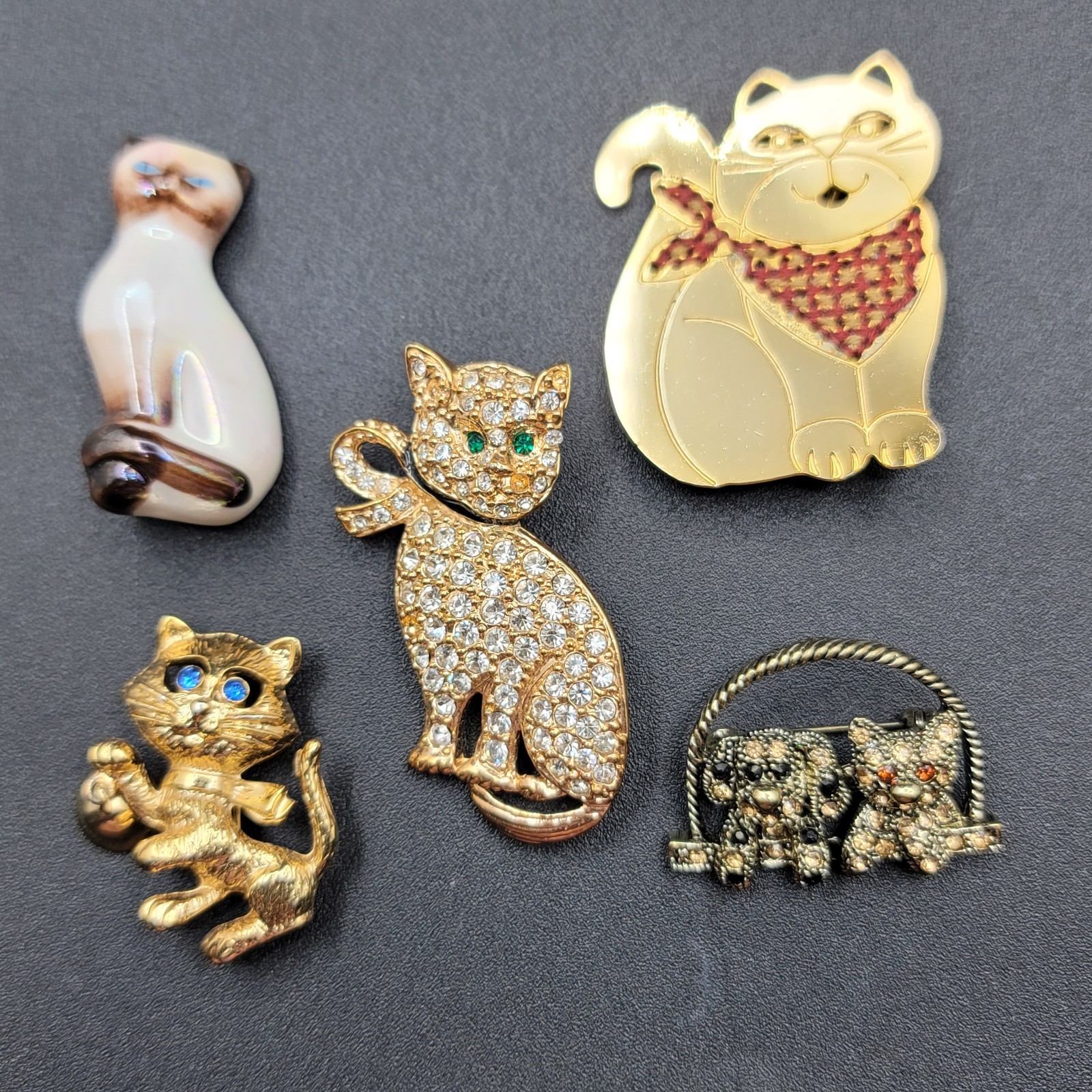 5-Vintage Kitty Cat Pin/Brooches~Metal Cats/Rhinestones/Avon Porcelain Siamese