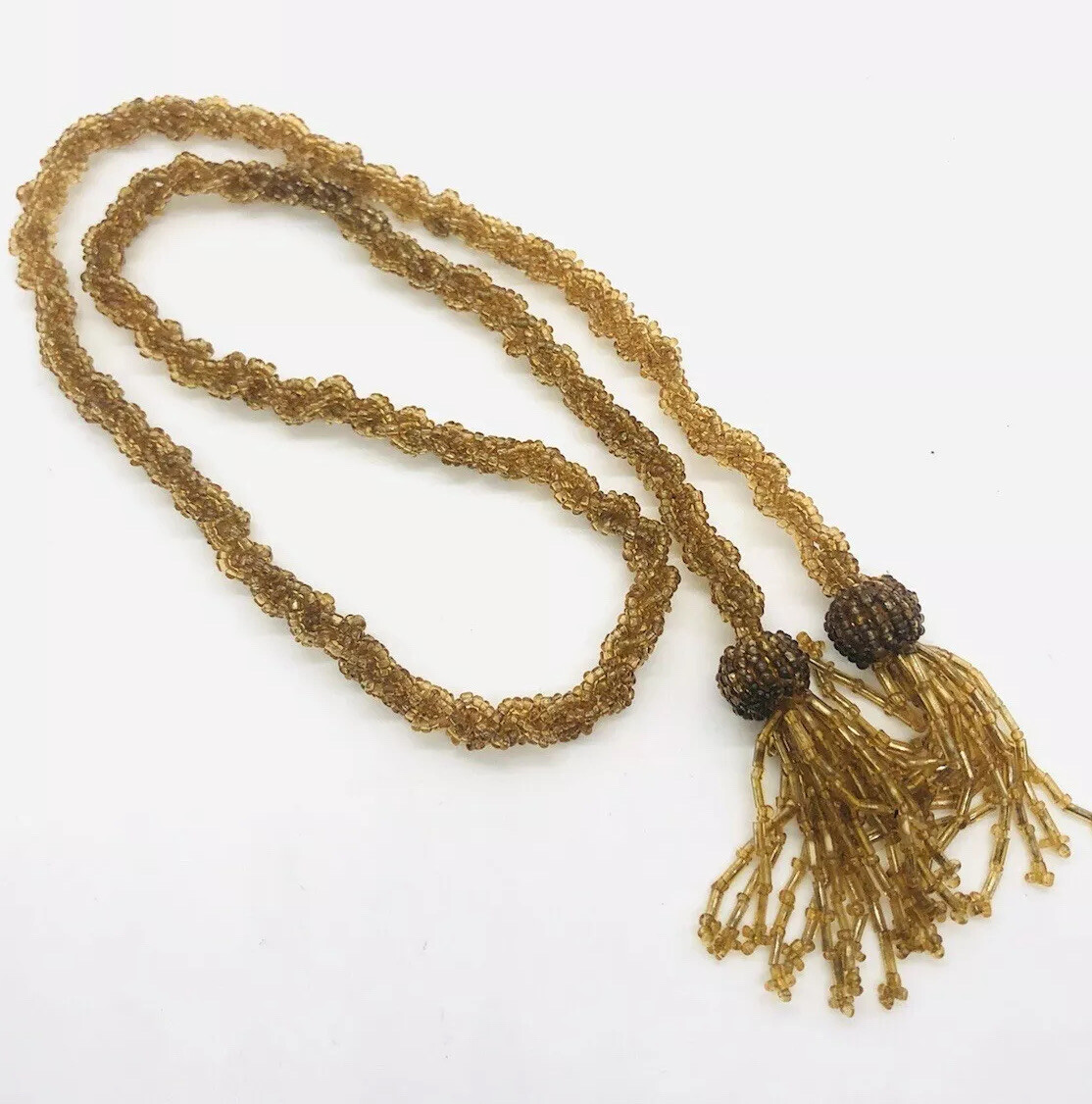 Art Deco Topaz Beaded & Woven Topaz Glass Necklace Flapper Vintage Jewelry