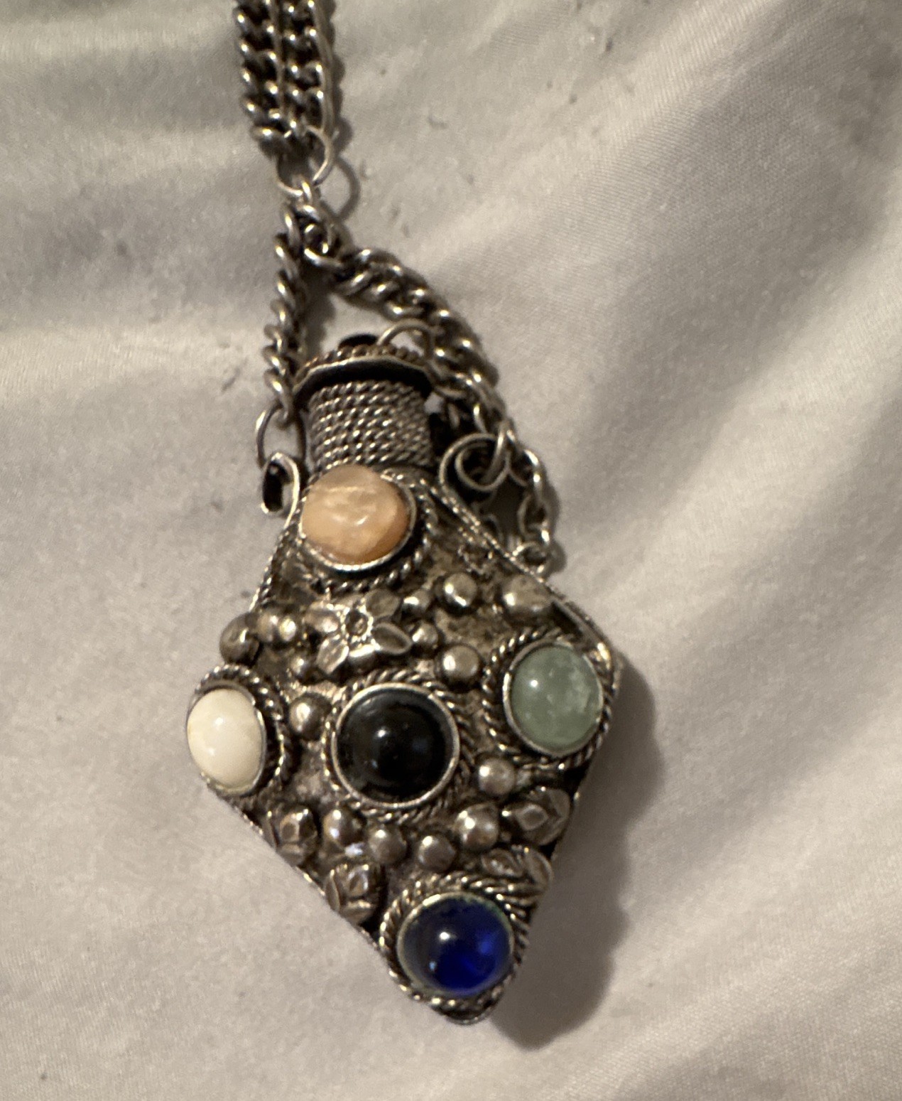 Vintage Sajai Perfume Snuff Bottle Pendant Necklace Tribal Boho Stone Cabochon