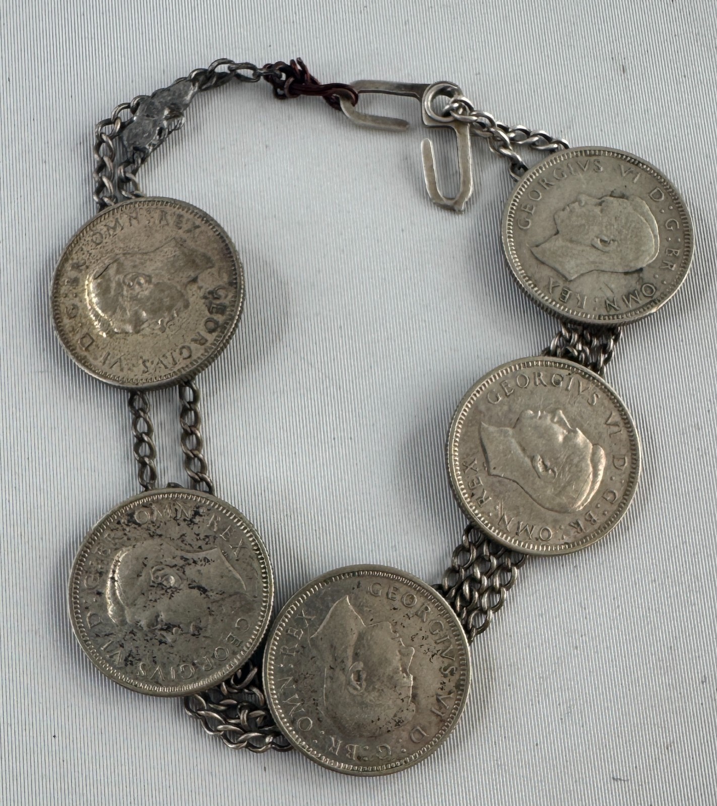 Vintage Coin Bracelet with Five 6 Pence Handmade British 50% Silver Coins