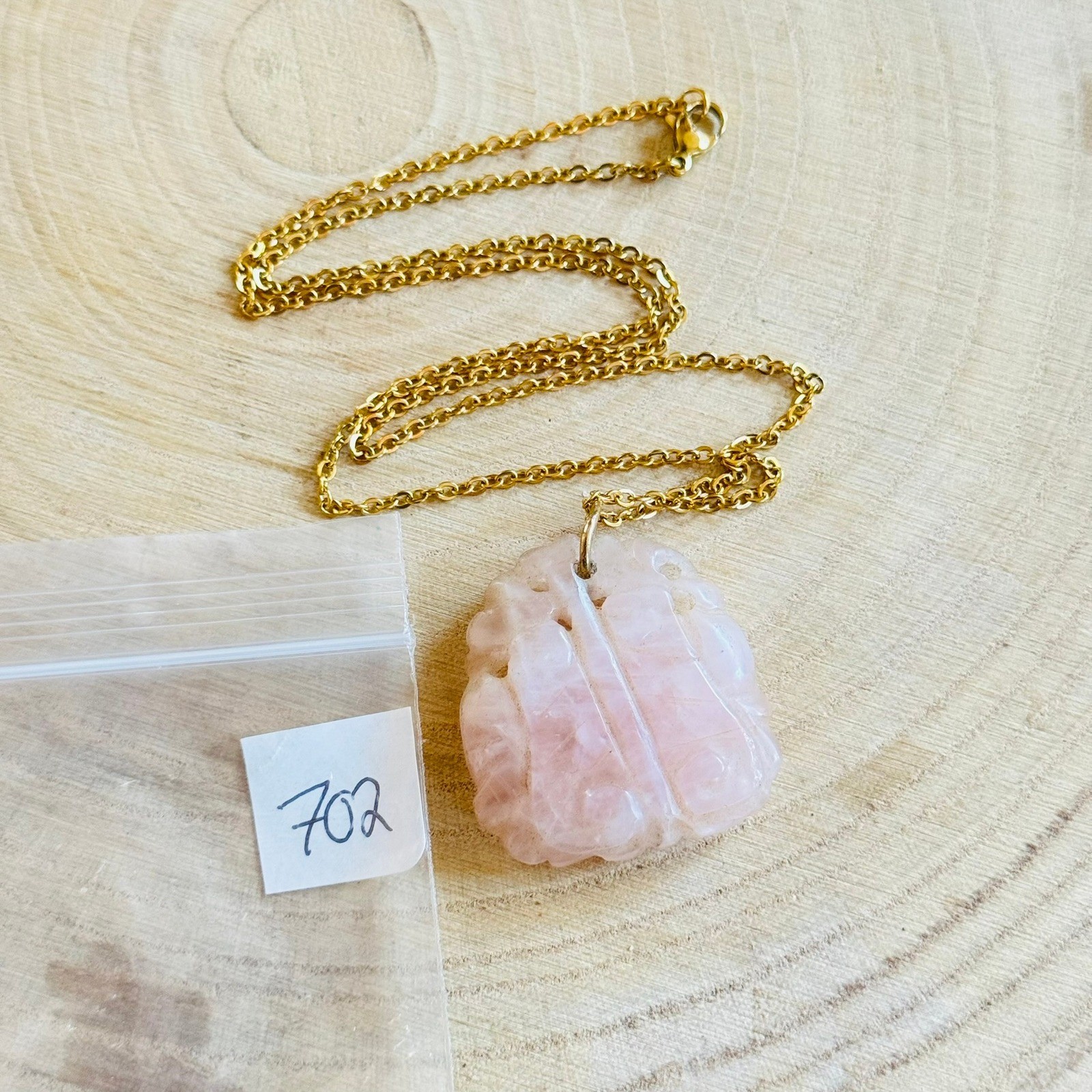 VTG Regal Rose Quartz Pendant necklace pink carved gold tone Statement 70s 20″