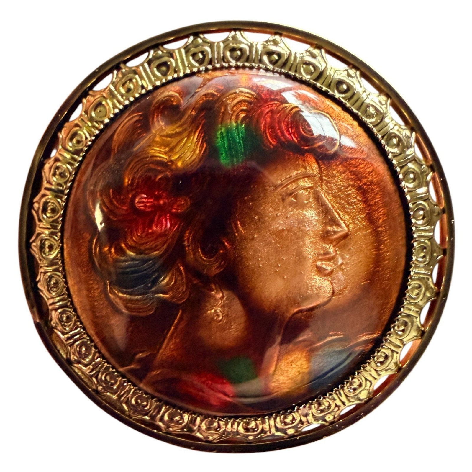 Vintage 1950s Reverse Carved Lucite Renaissance Lady Brooch New Old Stock
