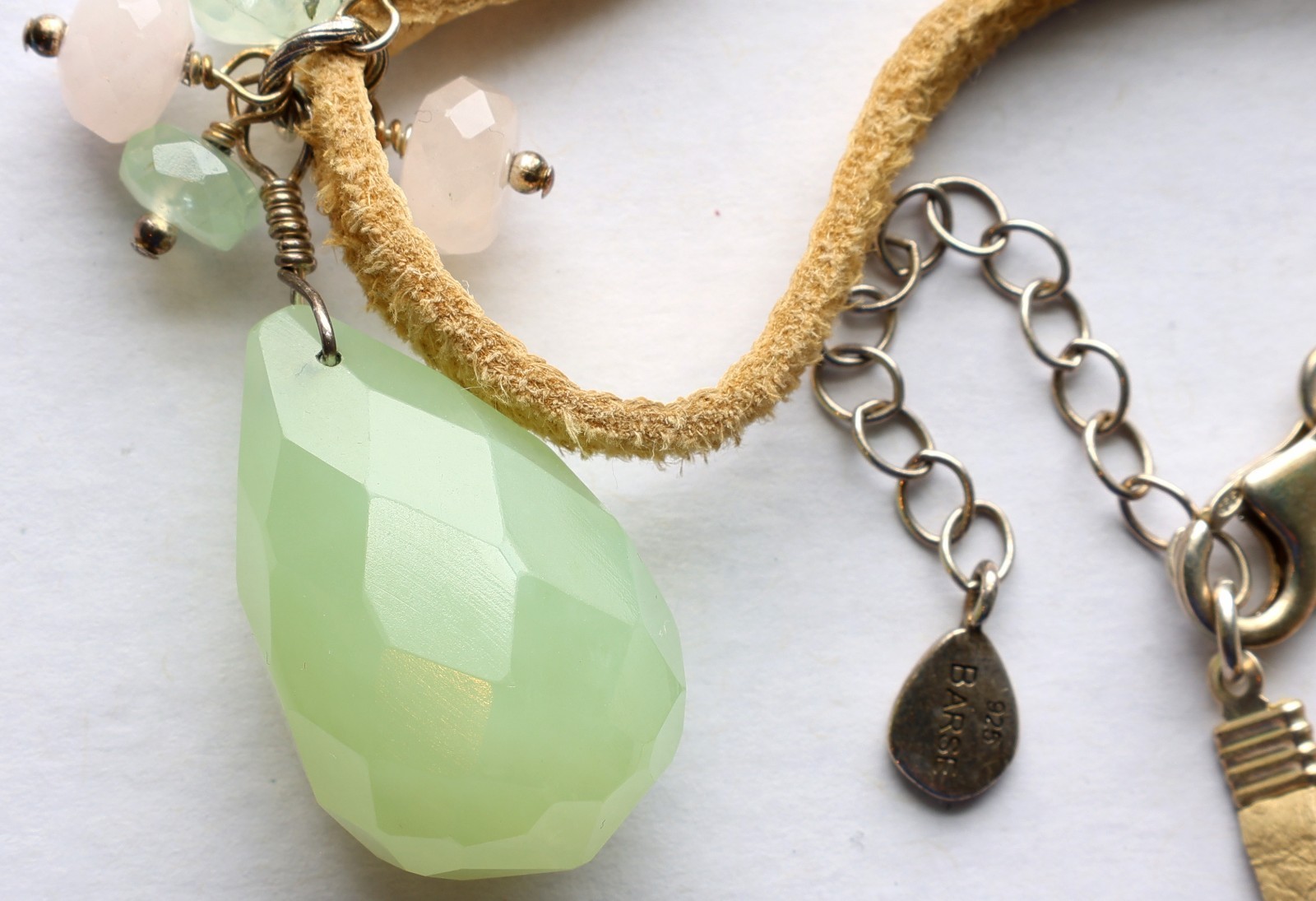 BARSE Sterling Necklace 20″ Suede Green Faceted Pendant Beads .925 Silver VTG