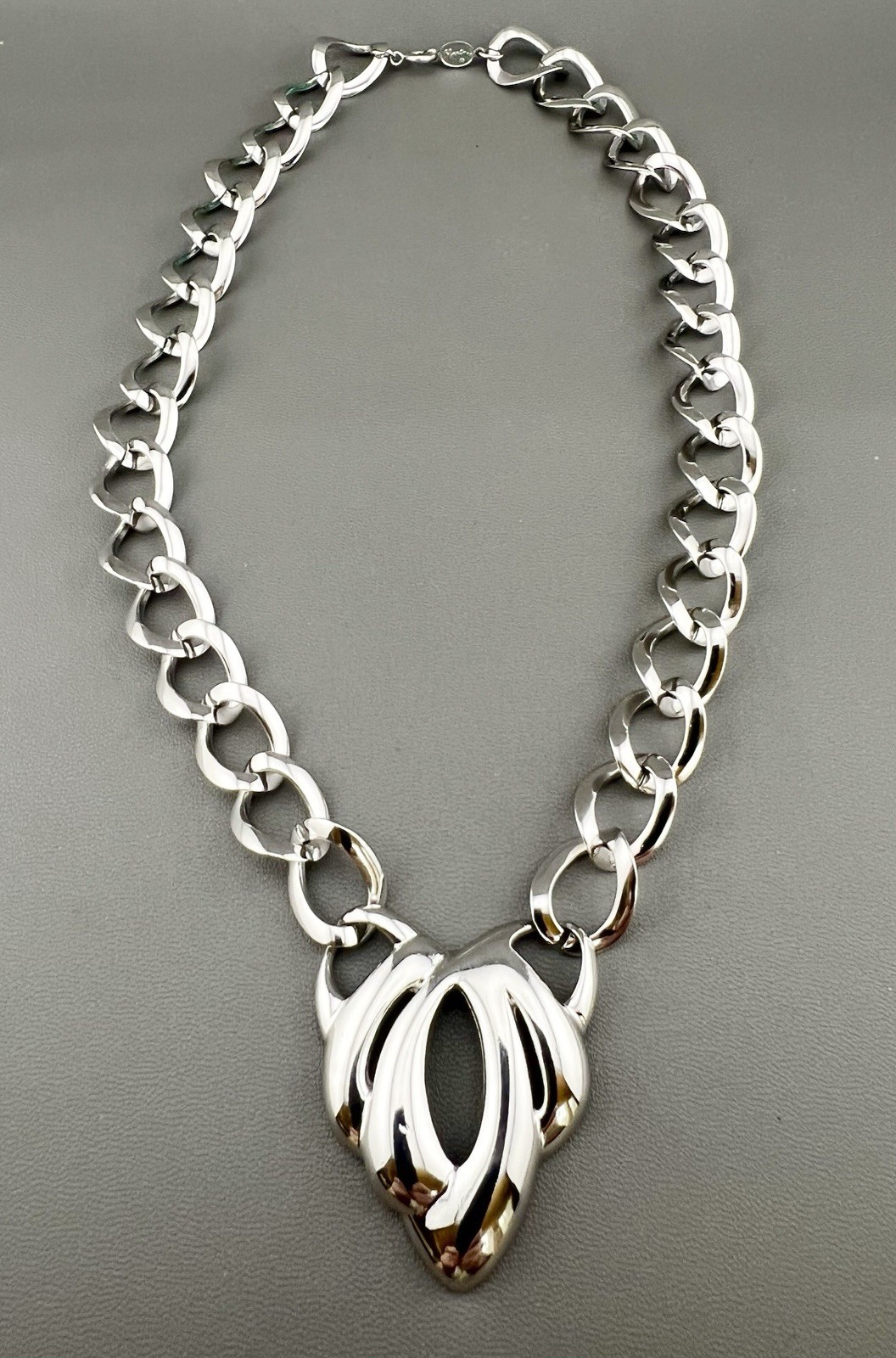 Vintage Napier Necklace Chunky Curb Link Abstract Pendant Silver Tone Signed 18”