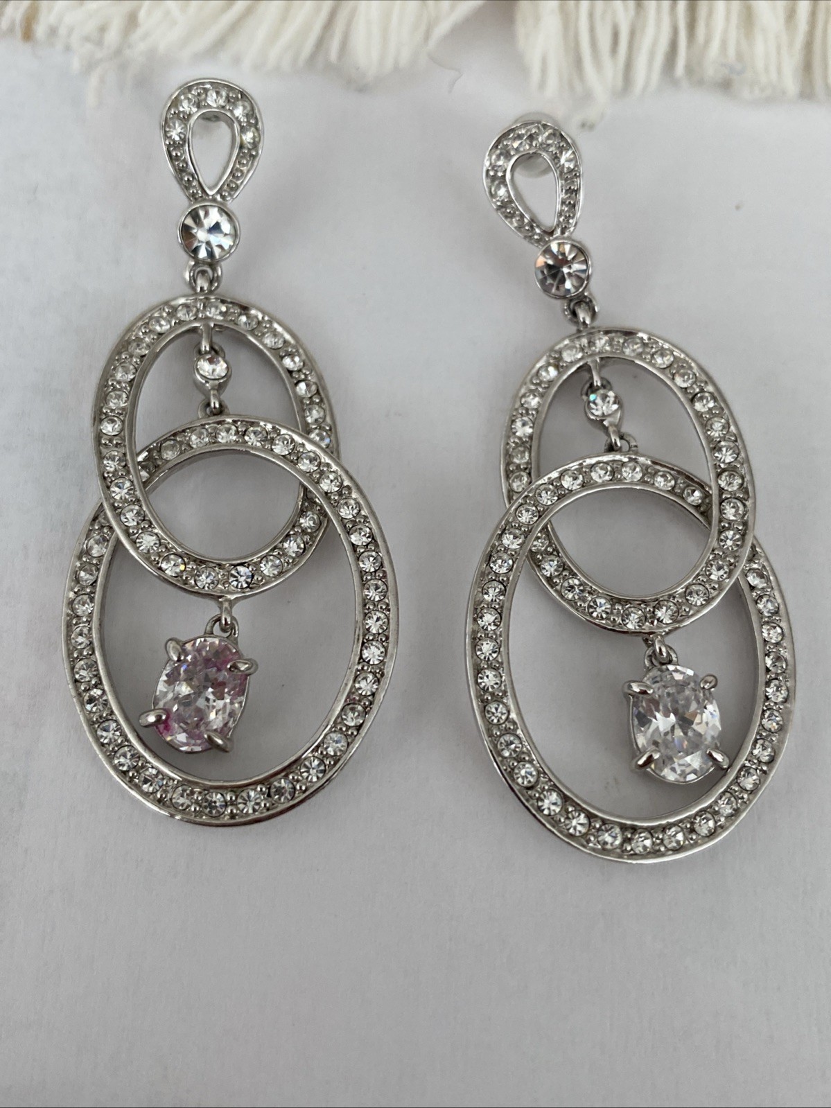 Vintage Nolan Miller Glamour Rhinestone Dangle Pierced Earrings 2 1/4”