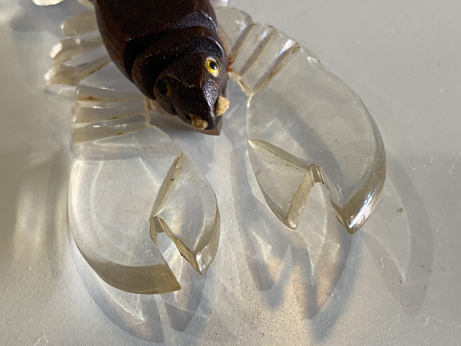 Vintage WWII Era Lucite Wood Lobster Figural Brooch Wartime Novelty Pin 1940s