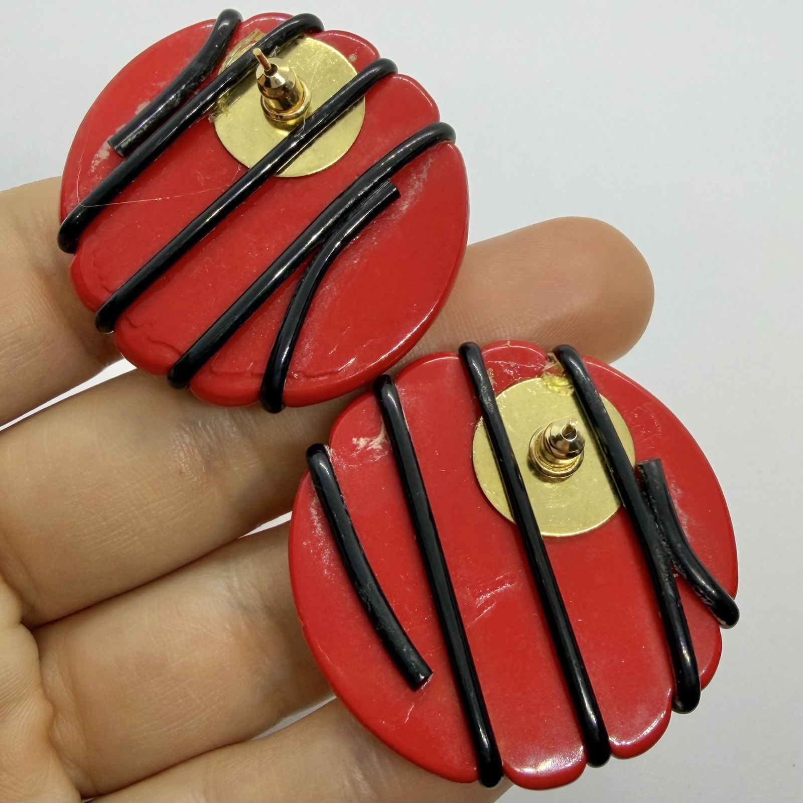 Vtg 80’s XL Red Black Resin Striped Statement Huggie Earrings Post Round Bold