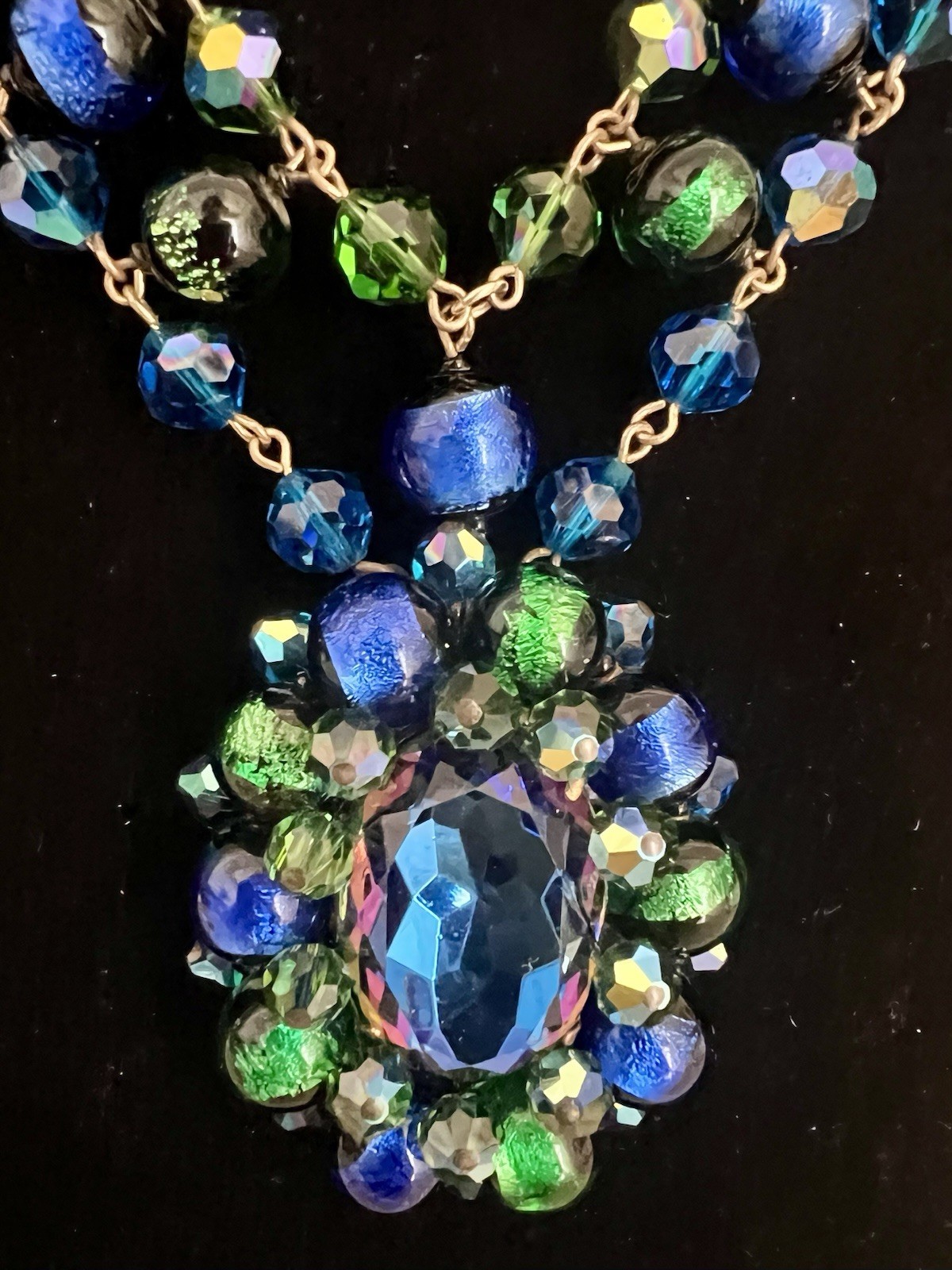 GORGEOUS VTG STATEMENT DESIGNER NECKLACE VENETIAN FOILED BLUE/GREEN GLASS BEADS