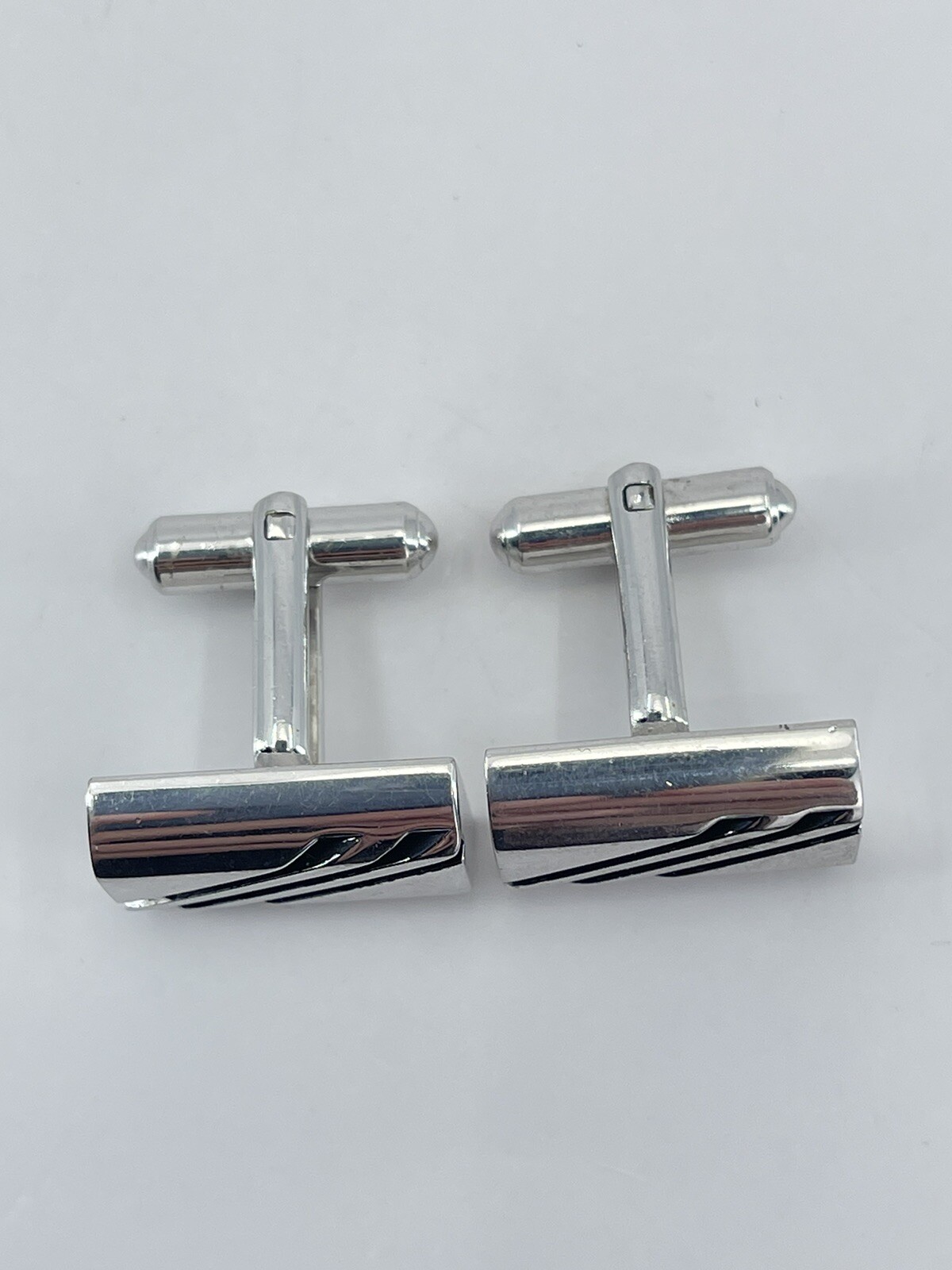Cufflinks Rectangle Silver tone with horizontal black enamel lines
