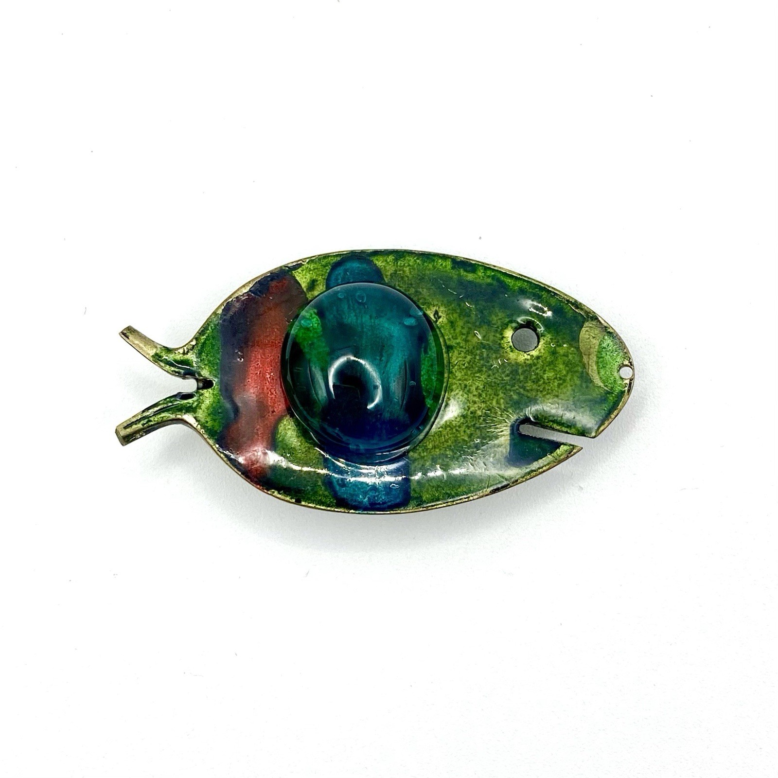 Vintage Modernist Fish Pendant Metal Enamel Art Glass Reversible Charm