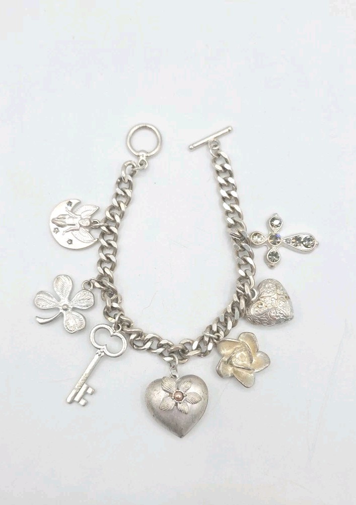 Vintage Silver Tone Chunky Charm Bracelet Heart Key Clover 8″ Cross Love Luck