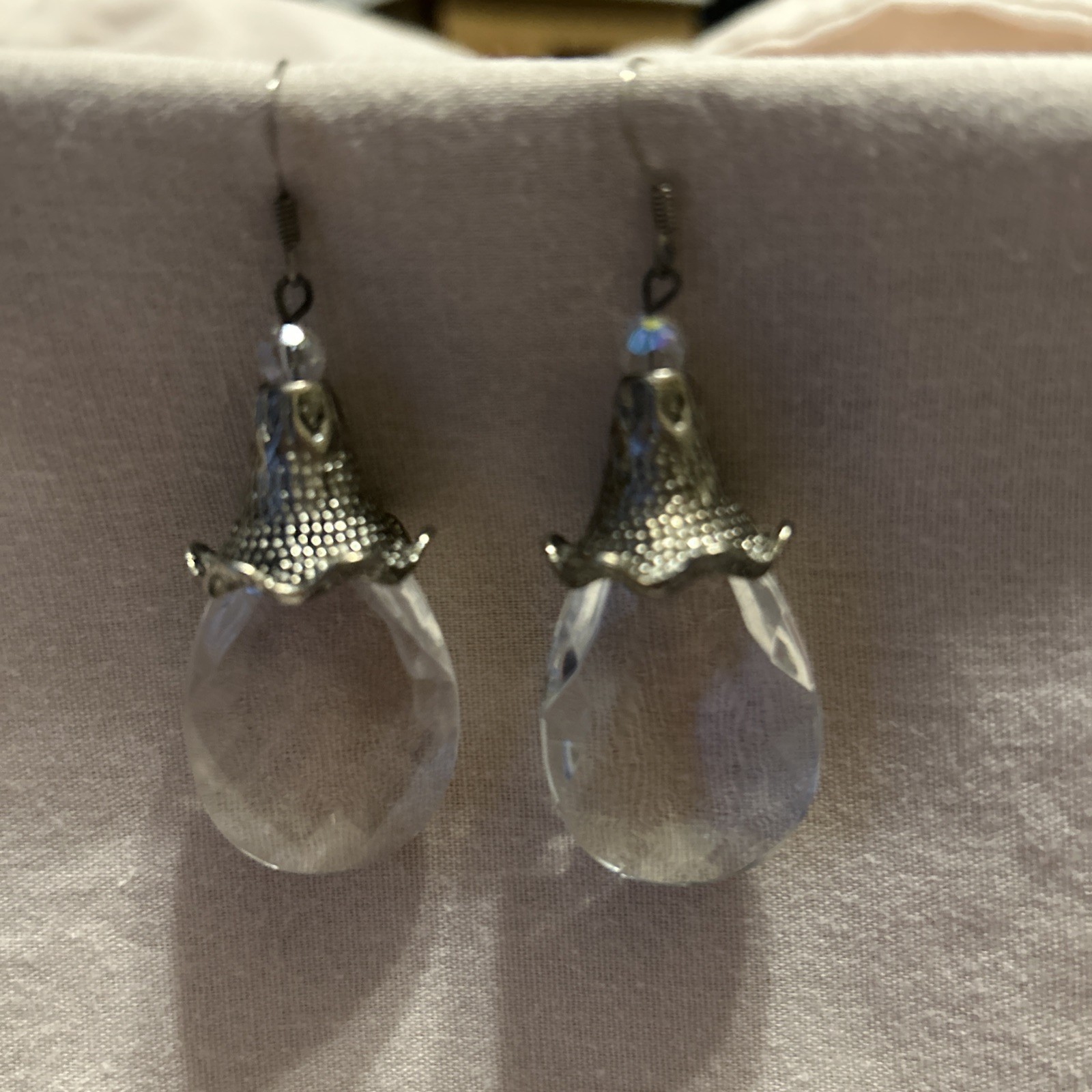 Vintage Opaline Glass Dangle Earrings Silver Tone