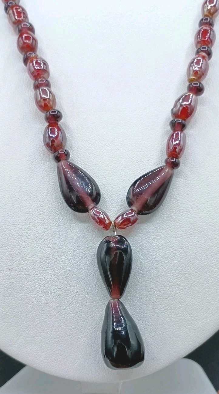 Antique Glass Necklace Beaded Purple Red Opalescent Y Dangle Barrel Clasp 18″