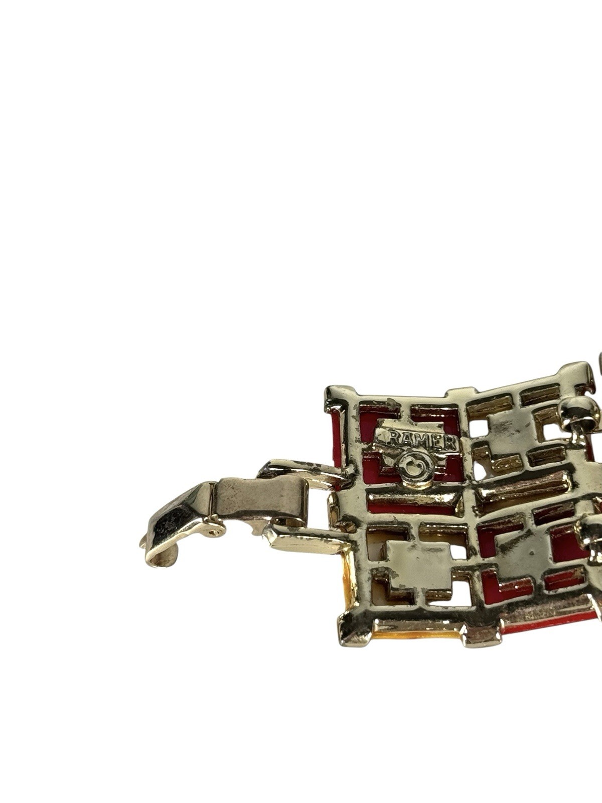Vintage KRAMER NY Red & White Square Cabochon Checkers Link Bracelet Gold Tone