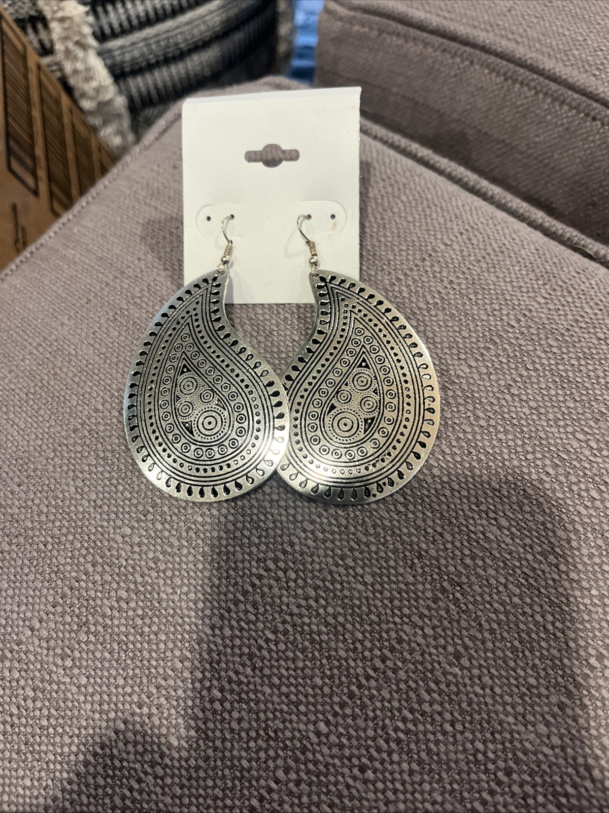 Large Pierced Earrings Dangle Drop Silver Tone Textured Round Hook