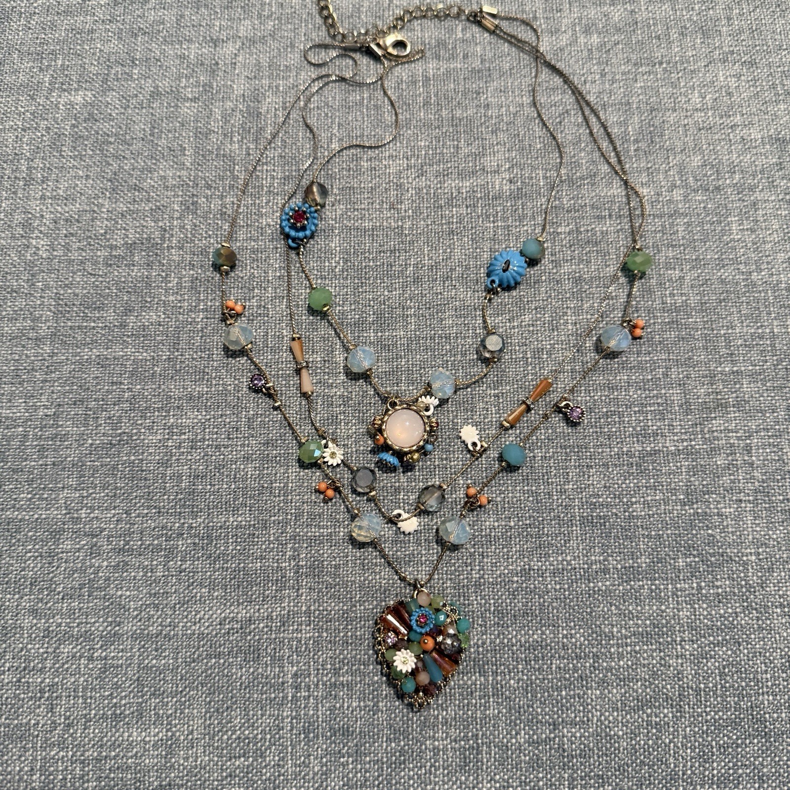 Betsey Johnson Triple Strand Necklace Beaded Multi Floral Heart Crystal Signed