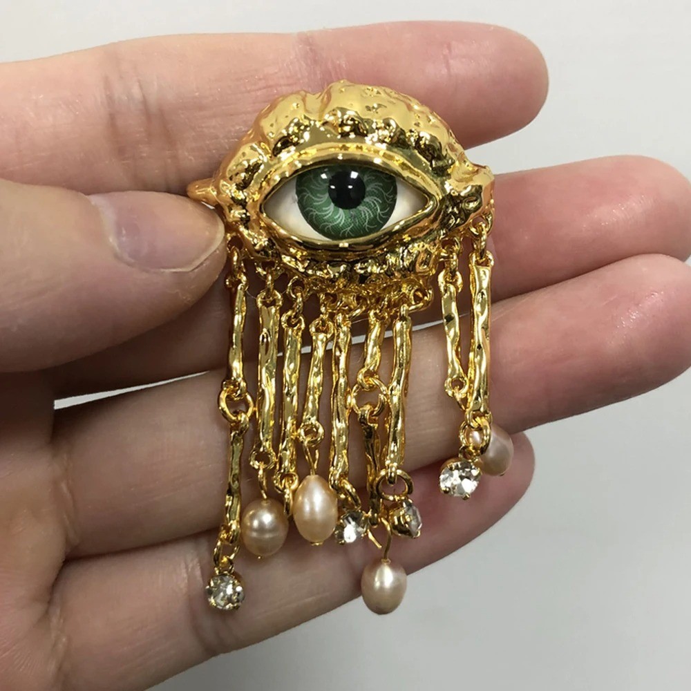 Vintage Evil Eye Brooch Pin Tassel Imitation Pearl Women Fashion Jewelry