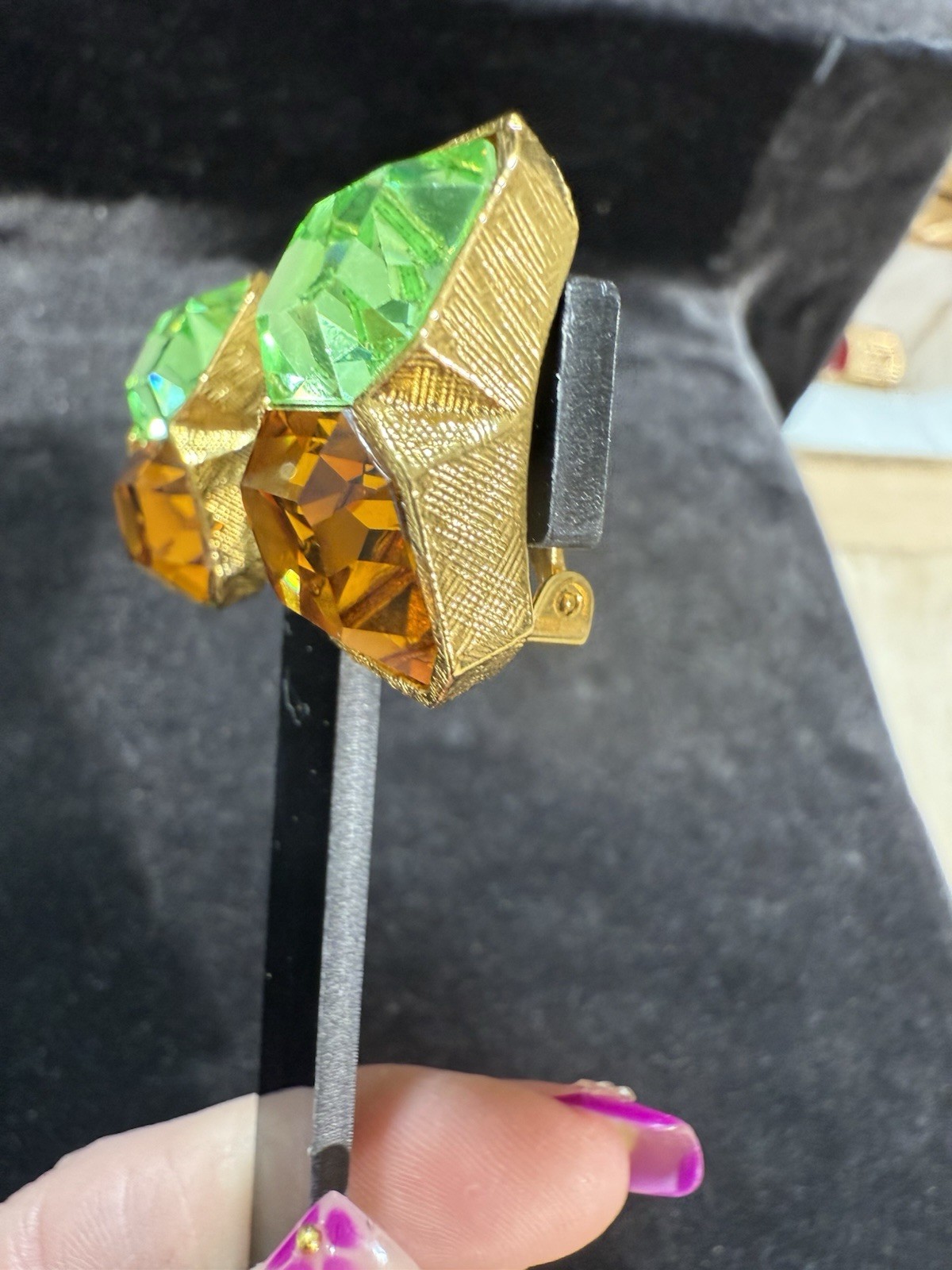 Vintage Signed Kenneth Lane Green & Orange Rhinestone Runway Clip-On Earrings